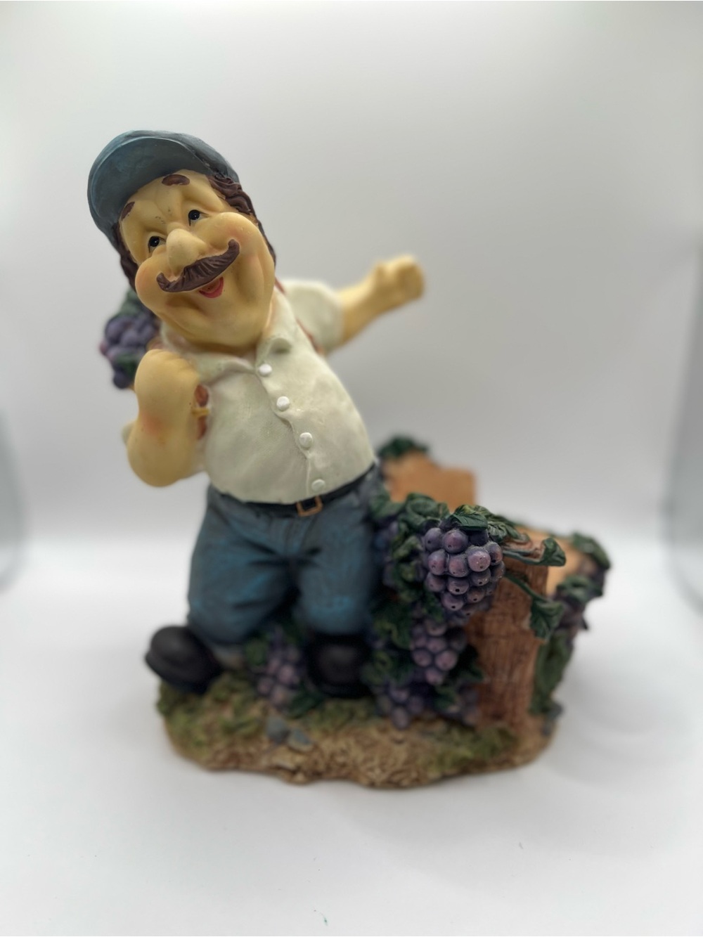 Cheerful Vineyard Gardener Figurine Blue & White Wine Holder Wine not included